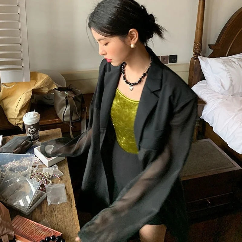 Blazers Women Sheer Thin Solid Stylish Ulzzang High Street Minimalist Summer All-match Clothing Ins Hot Sale Basic Mujer Ropa
