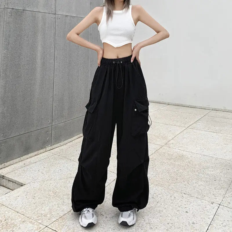 Women's loose oversized multi pocket black multi-color casual pants with wide legs