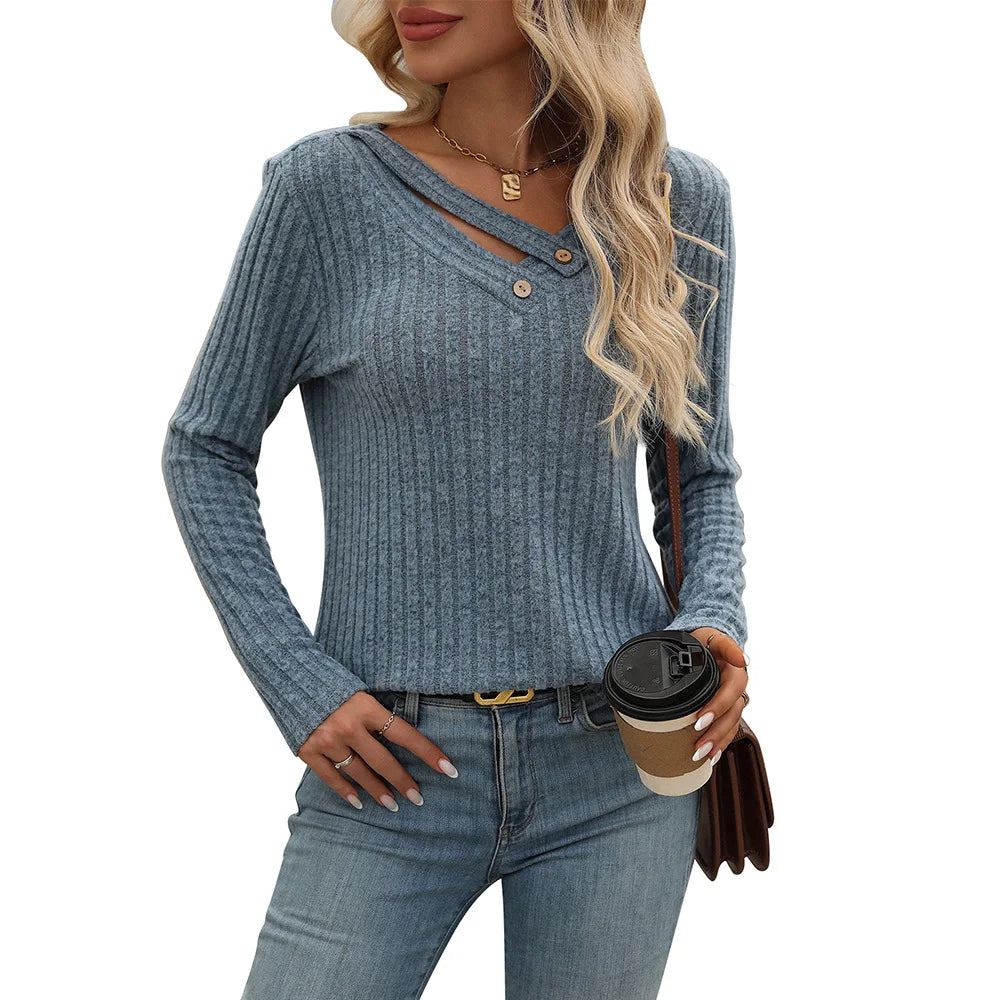 Autumn Winter Casual Knitting Pullover Top For Woman Fashion V-neck Long Sleeves Sweater Ladies Loose Splicing Button Ropa Mujer