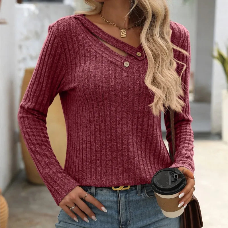 Autumn Winter Casual Knitting Pullover Top For Woman Fashion V-neck Long Sleeves Sweater Ladies Loose Splicing Button Ropa Mujer