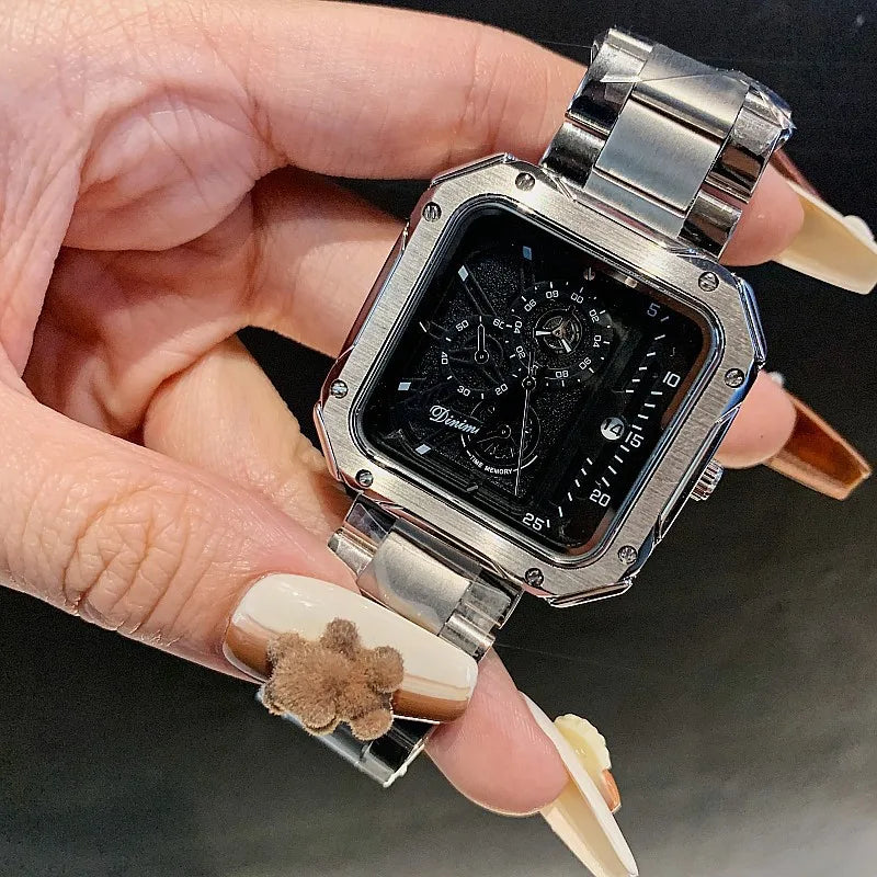 Bold Square Watch for Women Steel Strap Large Dial Mechanical Face Luxury Fashion Accessory Unisex Gift Holiday Birthday Present