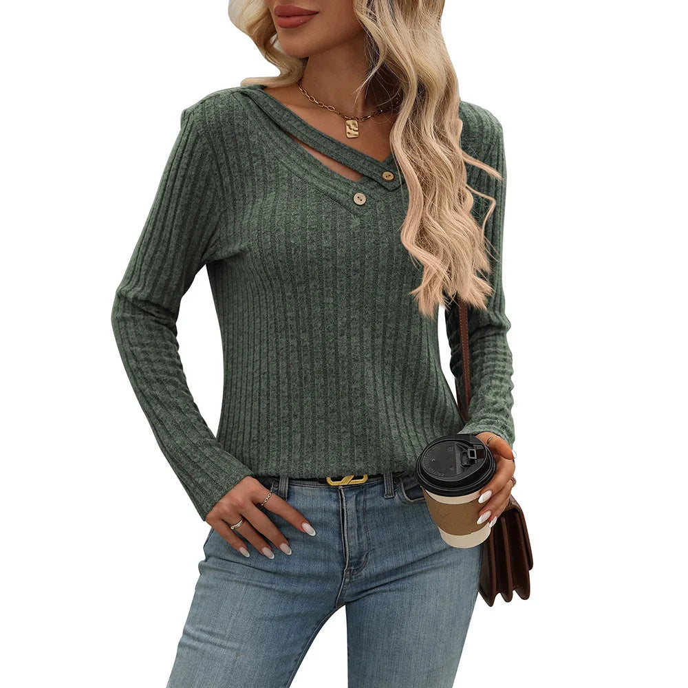 Autumn Winter Casual Knitting Pullover Top For Woman Fashion V-neck Long Sleeves Sweater Ladies Loose Splicing Button Ropa Mujer