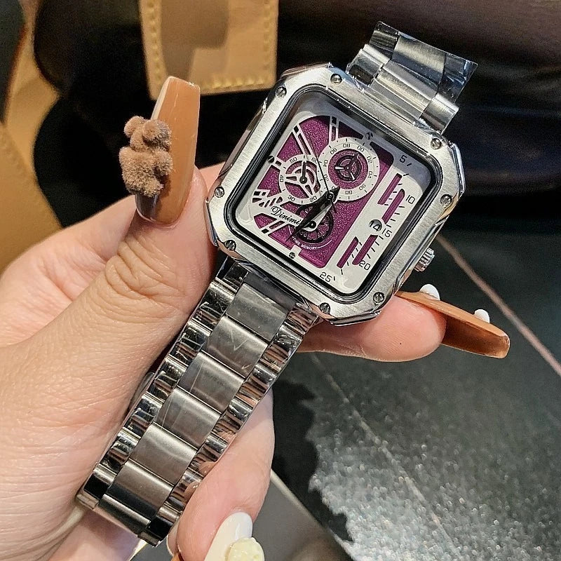 Bold Square Watch for Women Steel Strap Large Dial Mechanical Face Luxury Fashion Accessory Unisex Gift Holiday Birthday Present