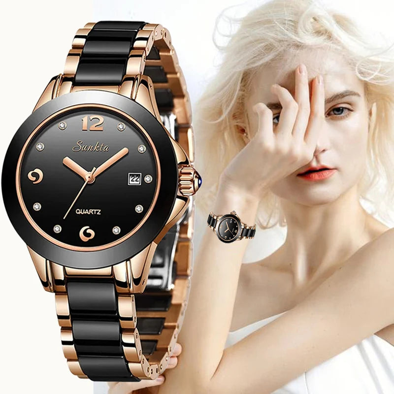 LIGE Sunkta Fashion Elegant Women's Watches Casual Luxury Ceramic Waterproof Ladies Clock Auto Date Dress Quartz Woman Watch+Box