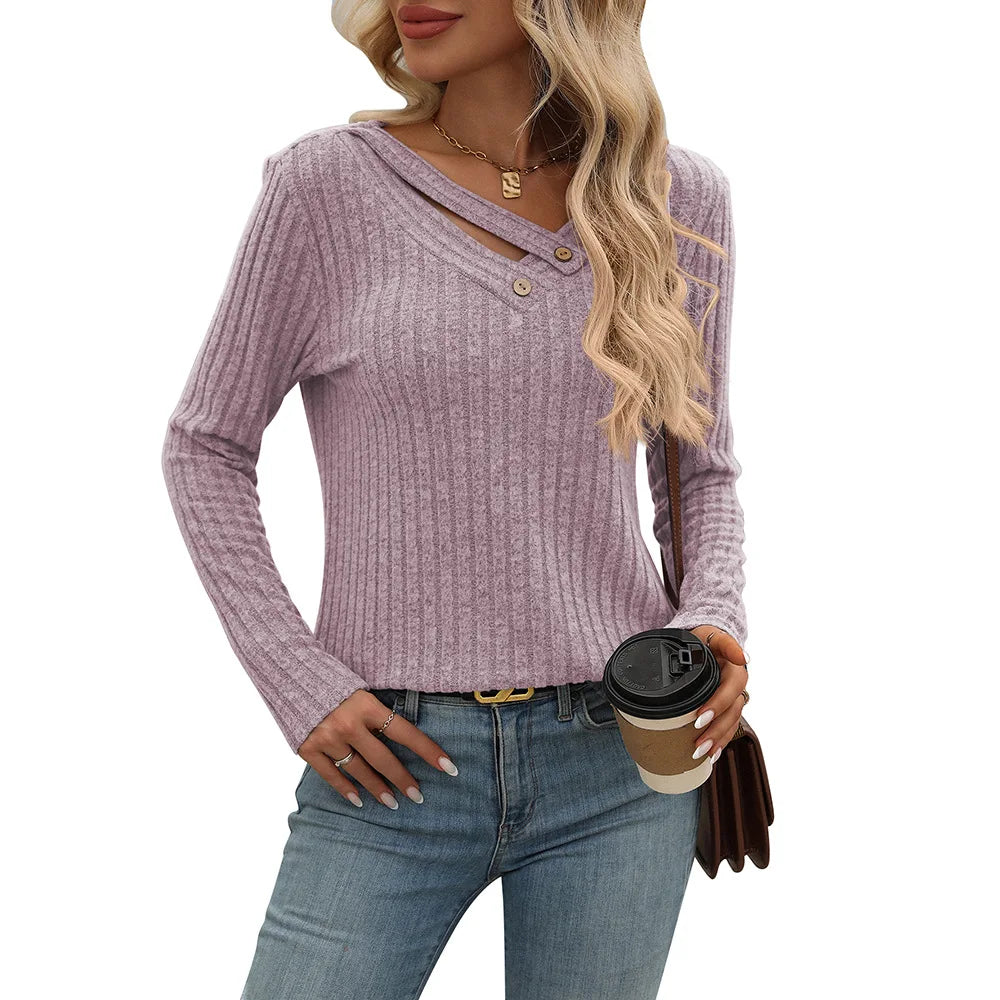 Autumn Winter Casual Knitting Pullover Top For Woman Fashion V-neck Long Sleeves Sweater Ladies Loose Splicing Button Ropa Mujer