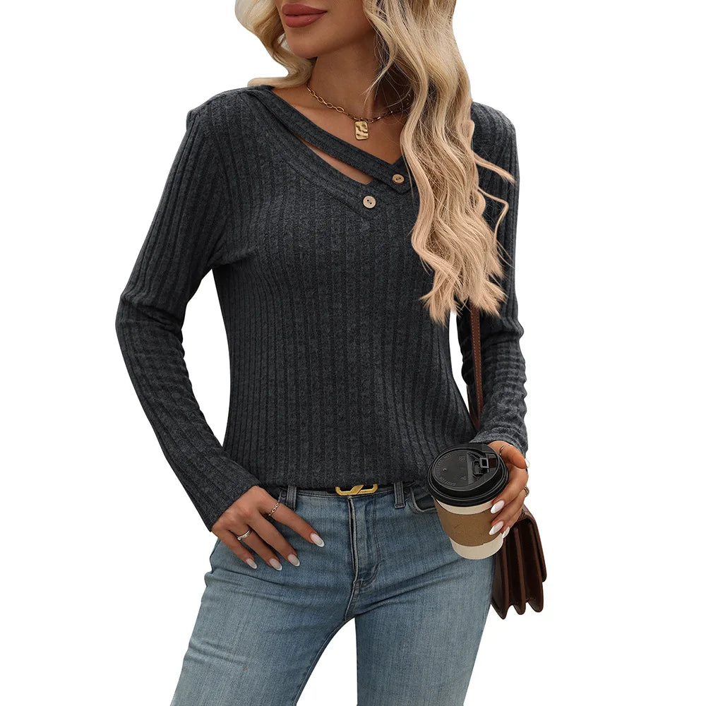 Autumn Winter Casual Knitting Pullover Top For Woman Fashion V-neck Long Sleeves Sweater Ladies Loose Splicing Button Ropa Mujer
