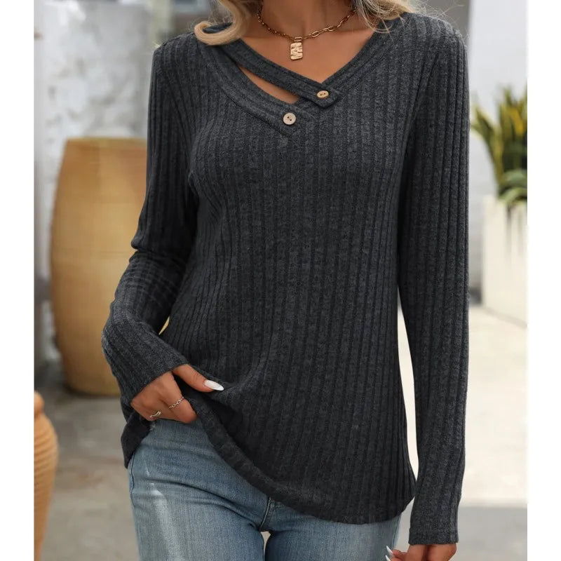Autumn Winter Casual Knitting Pullover Top For Woman Fashion V-neck Long Sleeves Sweater Ladies Loose Splicing Button Ropa Mujer