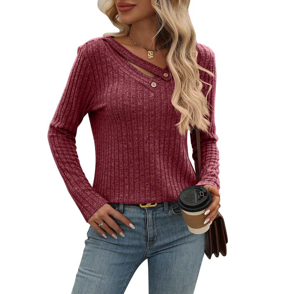 Autumn Winter Casual Knitting Pullover Top For Woman Fashion V-neck Long Sleeves Sweater Ladies Loose Splicing Button Ropa Mujer