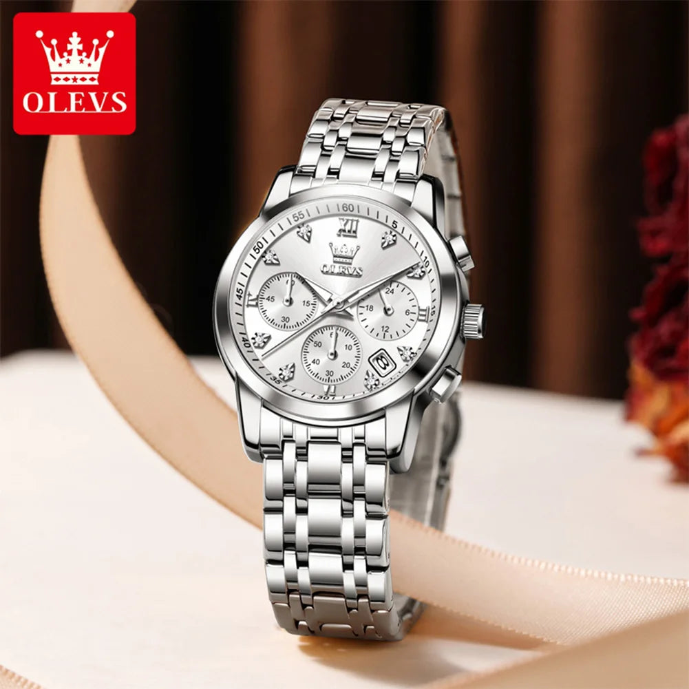 OLEVS Classic Three Eyes Women's Watches Fashion waterproof Chronograph luminous quartz watch for lady dress date genuine watch