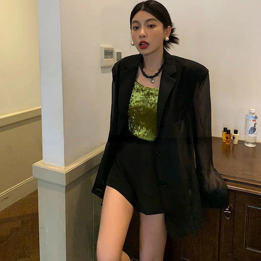 Blazers Women Sheer Thin Solid Stylish Ulzzang High Street Minimalist Summer All-match Clothing Ins Hot Sale Basic Mujer Ropa