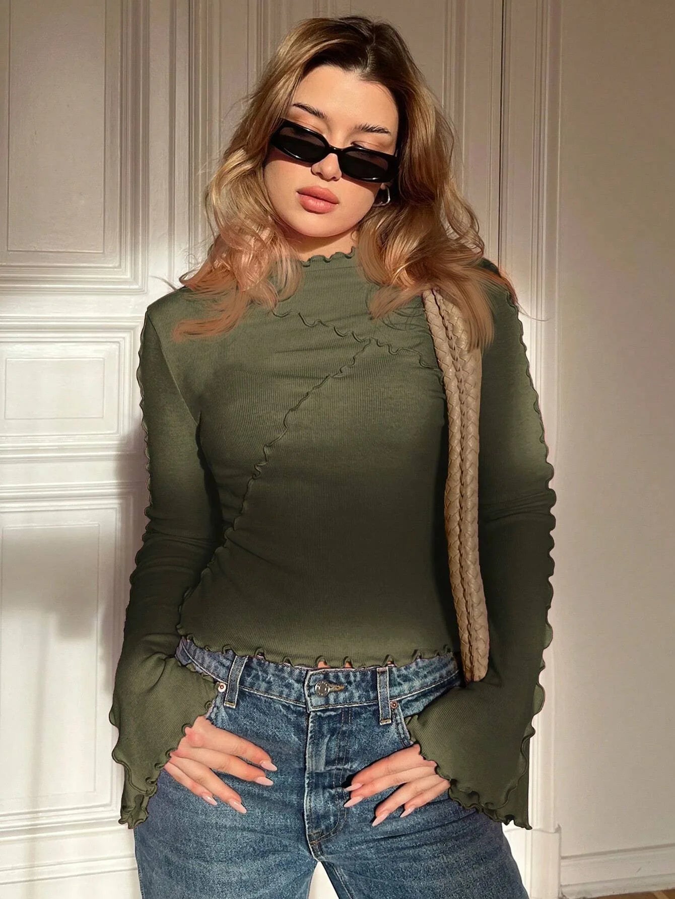 Casual Knitted Tops Women Fashion Round Neck Flared Sleeves Slim Asymmetric T-shirt Autumn New Versatile Base Shirt Ropa Mujer