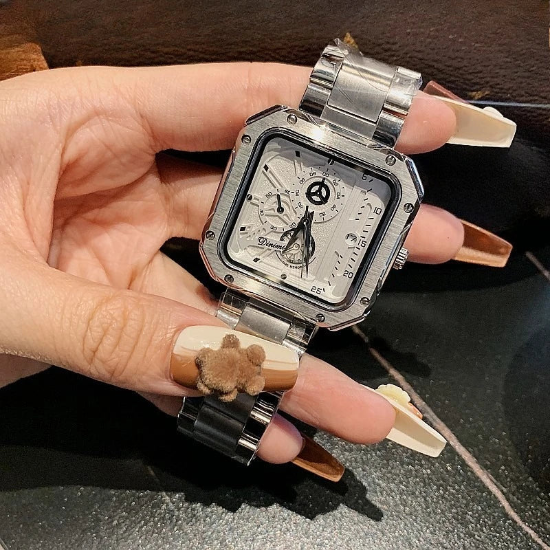 Bold Square Watch for Women Steel Strap Large Dial Mechanical Face Luxury Fashion Accessory Unisex Gift Holiday Birthday Present