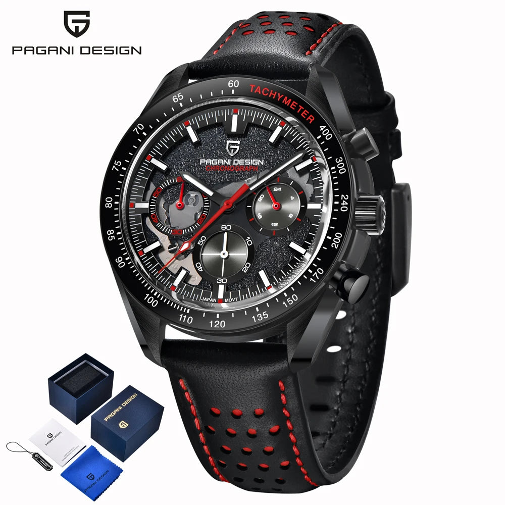 PAGANI DESIGN Men's Retro Luxury Quartz Watch Men's Gift Box Leather VK63 Movement Sapphire Crystal 100m Waterproof Men's Watch