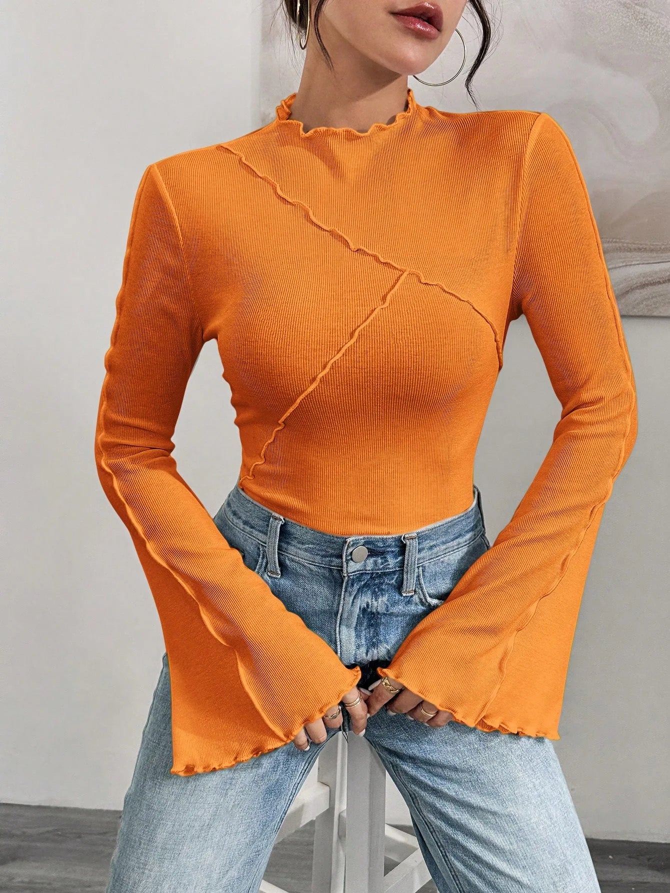 Casual Knitted Tops Women Fashion Round Neck Flared Sleeves Slim Asymmetric T-shirt Autumn New Versatile Base Shirt Ropa Mujer