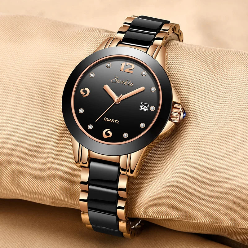 LIGE Sunkta Fashion Elegant Women's Watches Casual Luxury Ceramic Waterproof Ladies Clock Auto Date Dress Quartz Woman Watch+Box