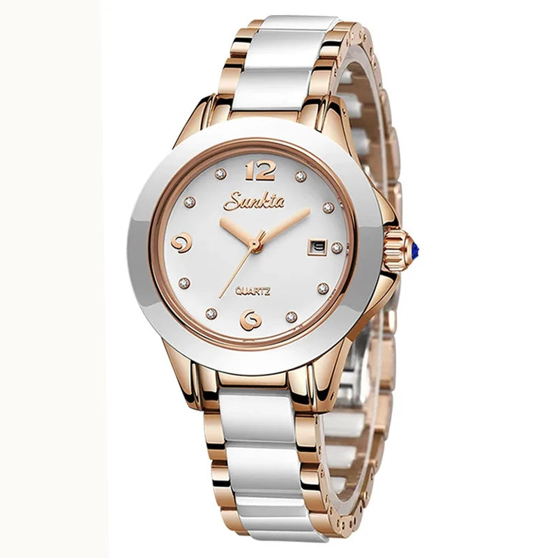 LIGE Sunkta Fashion Elegant Women's Watches Casual Luxury Ceramic Waterproof Ladies Clock Auto Date Dress Quartz Woman Watch+Box