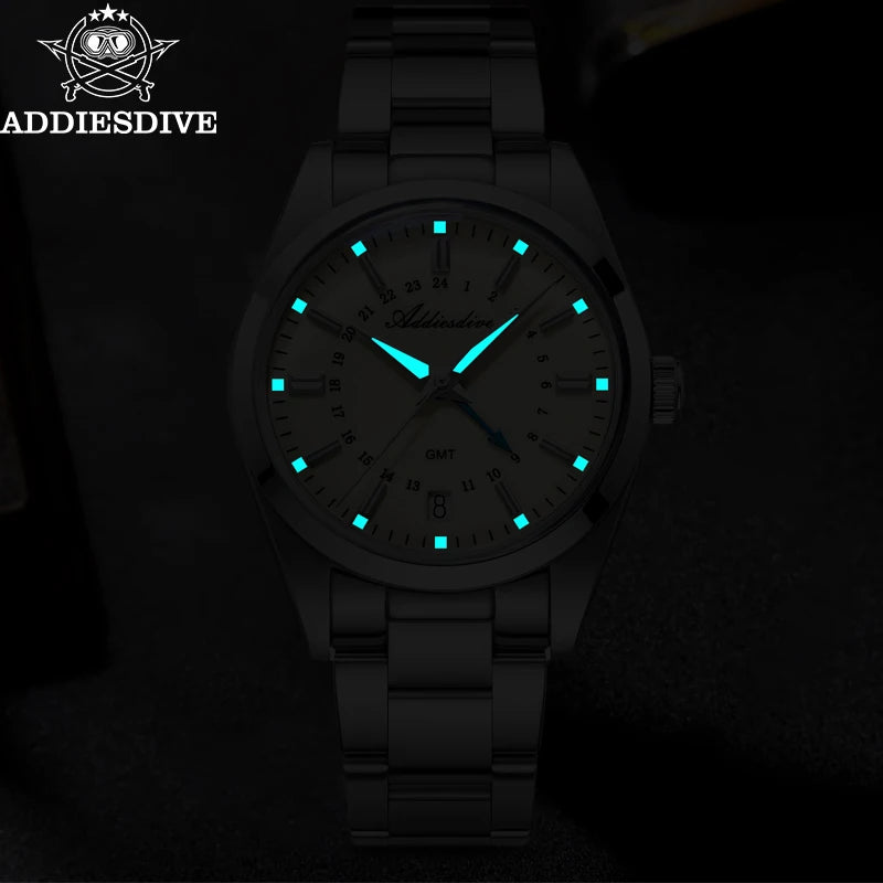 ADDIESDIVE Hot Brand 36mm Luxury GMT Watch Gift for Men 10Bar Waterproof BGW9 Super Luminous 316L Stainless Steel Quartz Watches