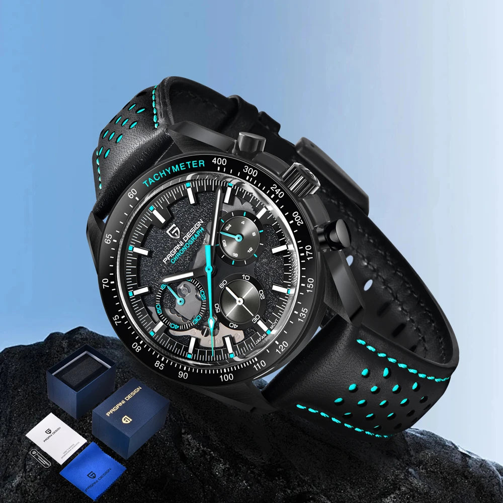 PAGANI DESIGN Men's Retro Luxury Quartz Watch Men's Gift Box Leather VK63 Movement Sapphire Crystal 100m Waterproof Men's Watch