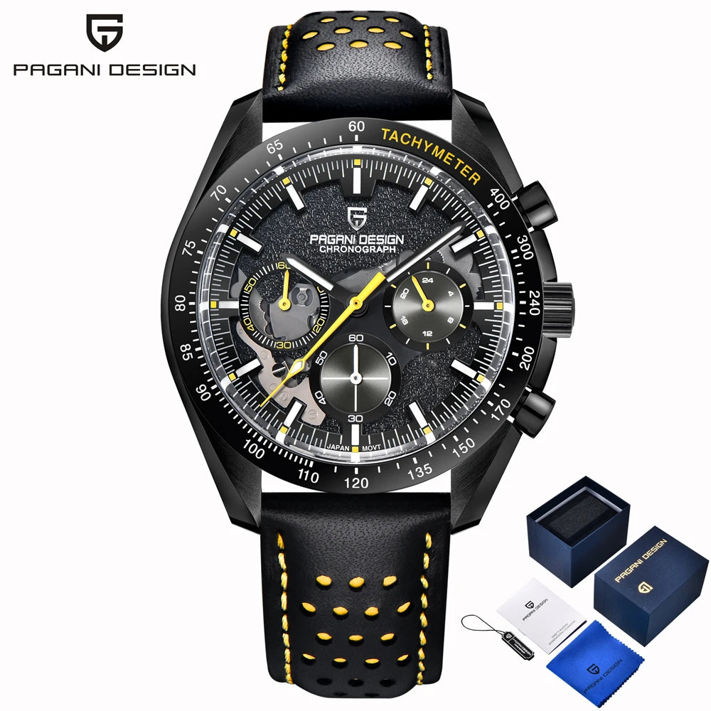 PAGANI DESIGN Men's Retro Luxury Quartz Watch Men's Gift Box Leather VK63 Movement Sapphire Crystal 100m Waterproof Men's Watch