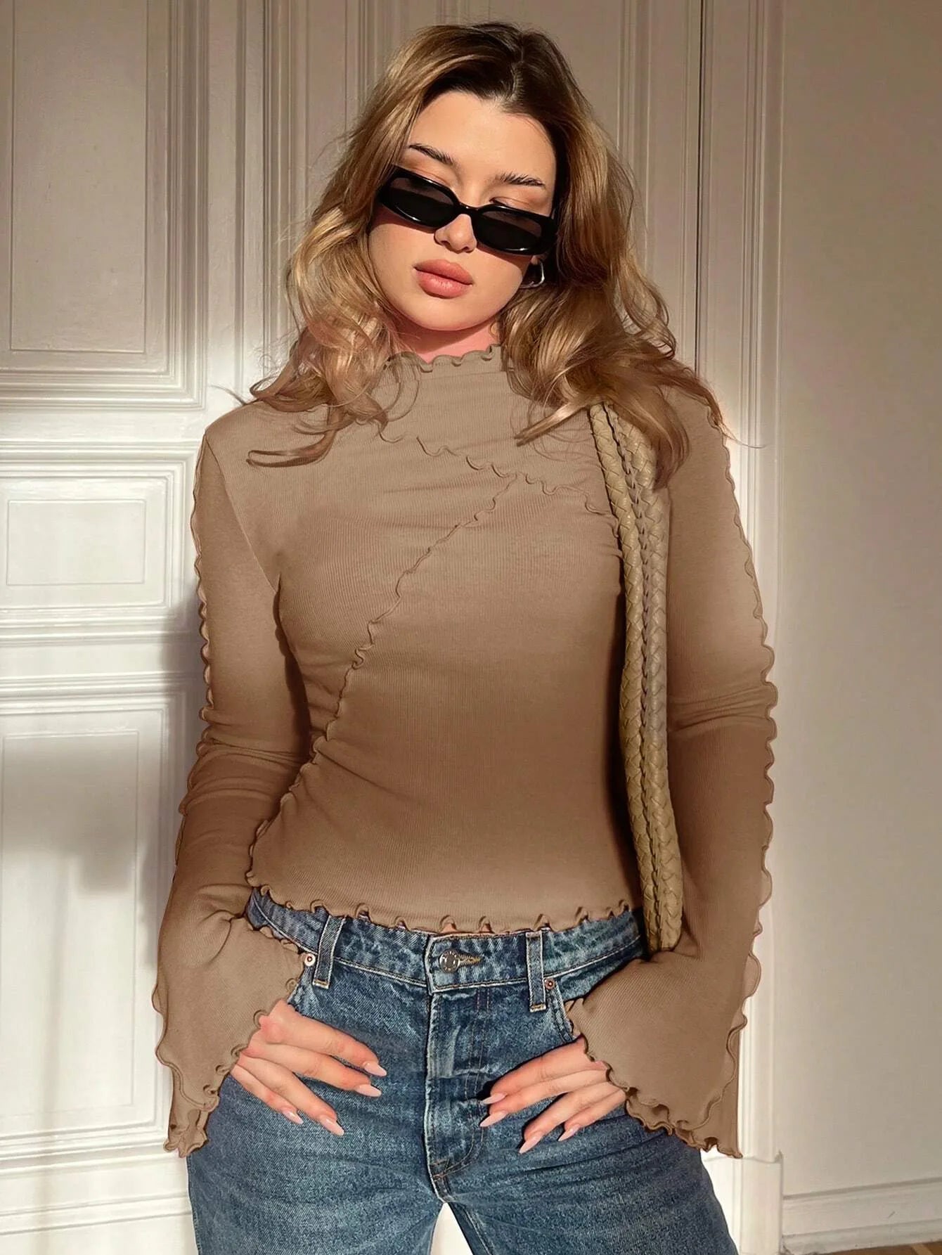 Casual Knitted Tops Women Fashion Round Neck Flared Sleeves Slim Asymmetric T-shirt Autumn New Versatile Base Shirt Ropa Mujer