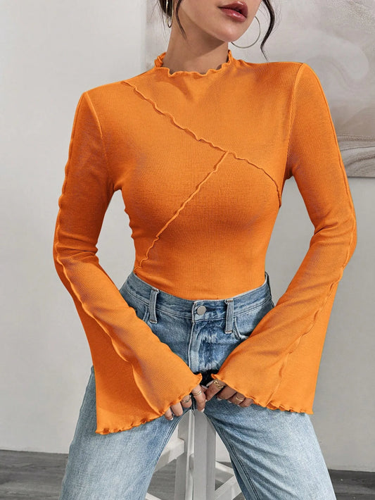 Casual Knitted Tops Women Fashion Round Neck Flared Sleeves Slim Asymmetric T-shirt Autumn New Versatile Base Shirt Ropa Mujer