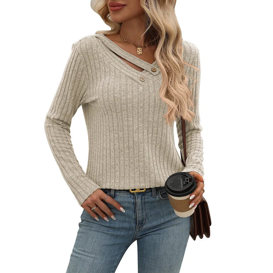 Autumn Winter Casual Knitting Pullover Top For Woman Fashion V-neck Long Sleeves Sweater Ladies Loose Splicing Button Ropa Mujer