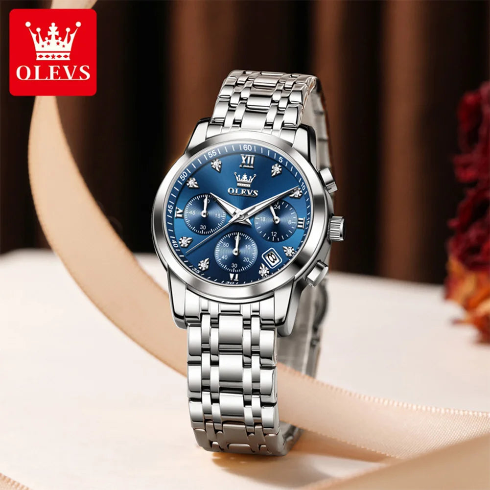 OLEVS Classic Three Eyes Women's Watches Fashion waterproof Chronograph luminous quartz watch for lady dress date genuine watch