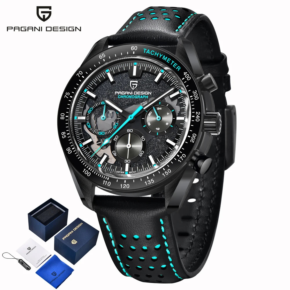 PAGANI DESIGN Men's Retro Luxury Quartz Watch Men's Gift Box Leather VK63 Movement Sapphire Crystal 100m Waterproof Men's Watch