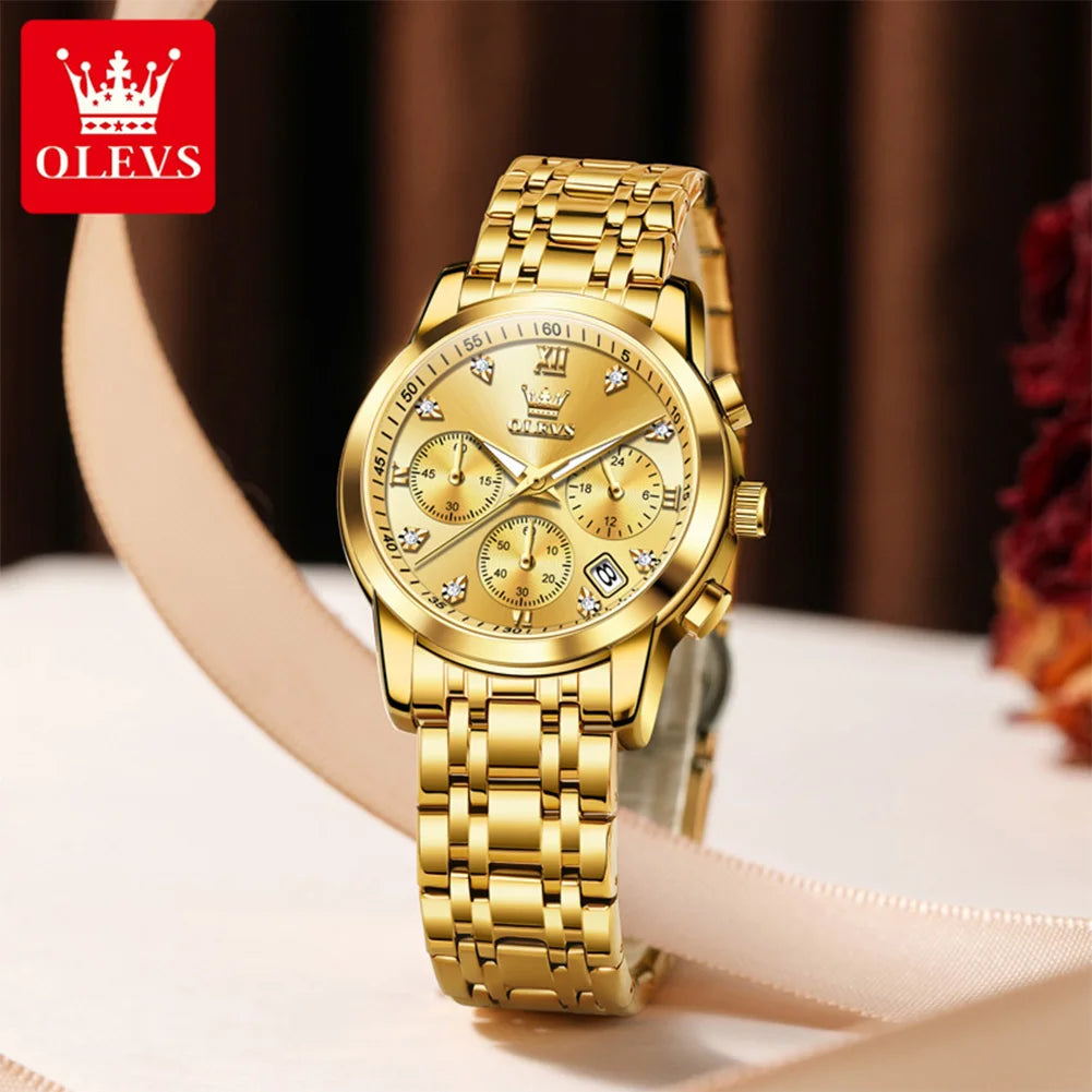 OLEVS Classic Three Eyes Women's Watches Fashion waterproof Chronograph luminous quartz watch for lady dress date genuine watch