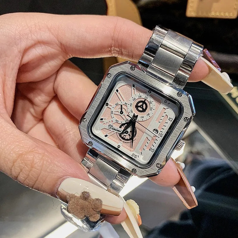 Bold Square Watch for Women Steel Strap Large Dial Mechanical Face Luxury Fashion Accessory Unisex Gift Holiday Birthday Present